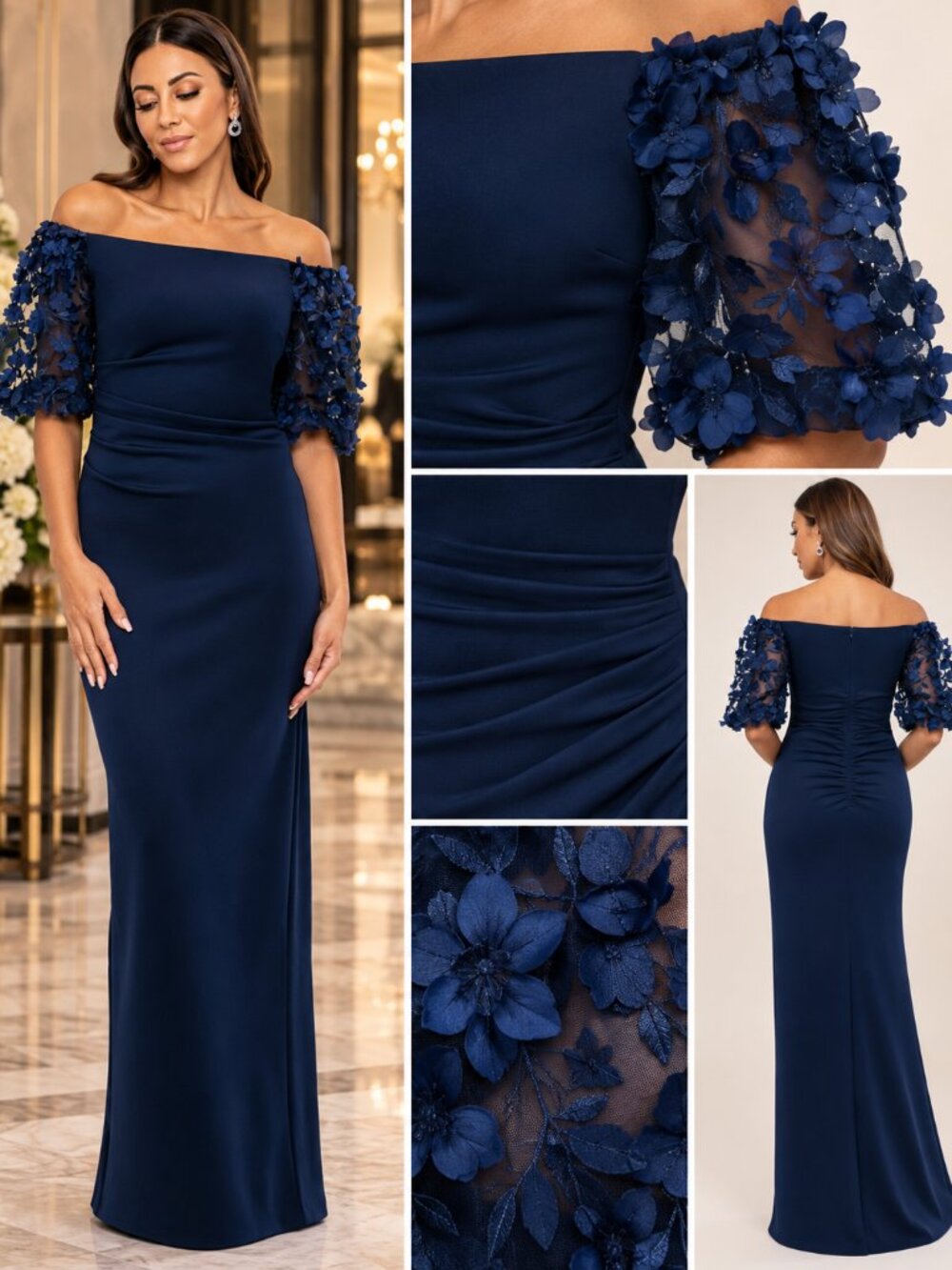 XSCAPE Petite Navy Off Shoulder 3D Floral Sleeve Long Formal Gown 14P NWT